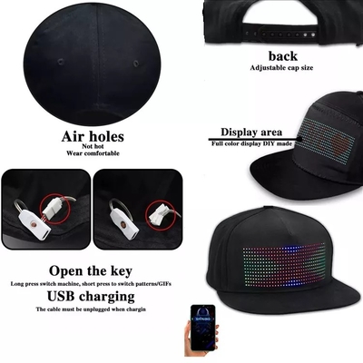 หมวก LED Bluetooth สีดำพร้อมจอแสดงผลที่ตั้งโปรแกรมได้ Mobile App Control